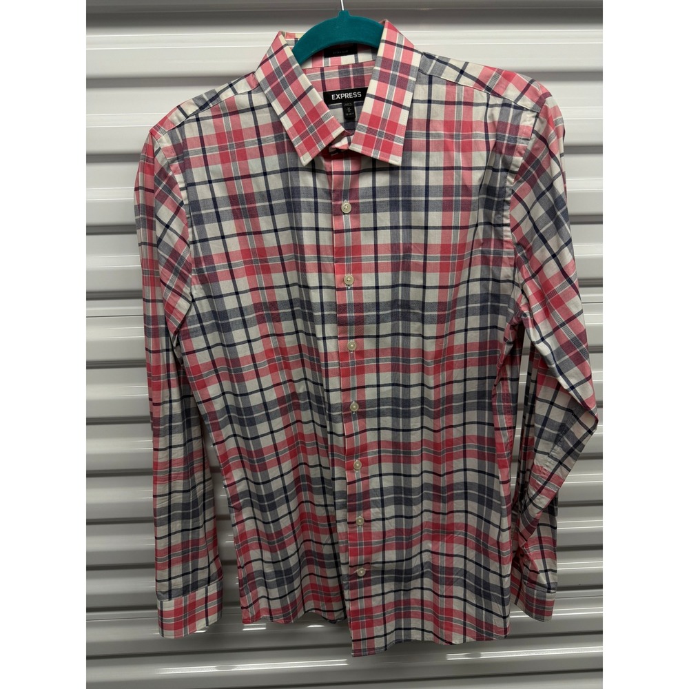 Express Mens Fitted Plaid Button Down Shirt Red Navy Blue White Size M 15-15.5
